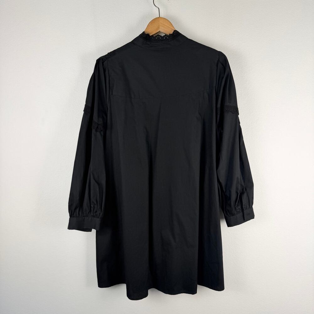 Zara Black Long Puff Sleeve Poplin Button Up Mini Shirt Dress Pintuck Lace LARGE - Picture 5 of 10